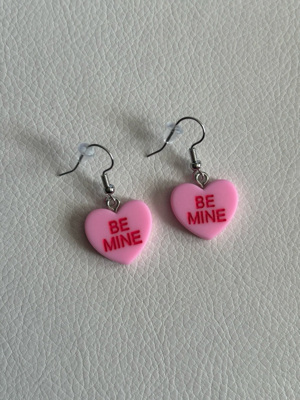Conversation Hearts Be Mine Drop Dangle Earrings in Pink with Red Lettering